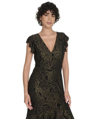 Petite Flutter Sleeve Foil Midi Dress