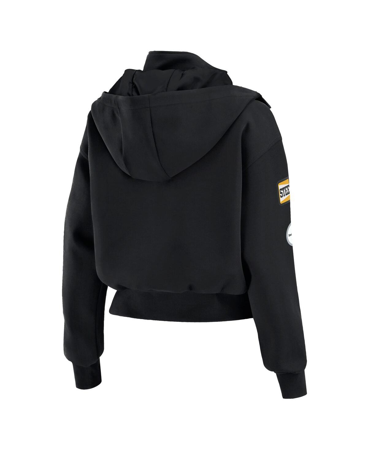 Wear By Erin Andrews Women's Black Pittsburgh Steelers Patch Pocket Cropped Full-zip Bomber Jacket In Black