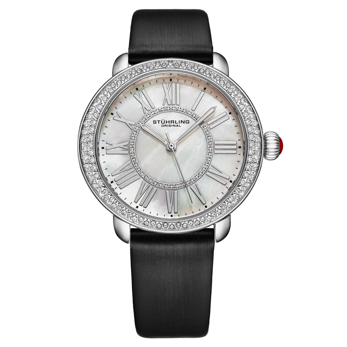Женские часы Stuhrling Elegant 40мм на чёрном атласном ремешке с кристаллами модель 4068 — фото 2