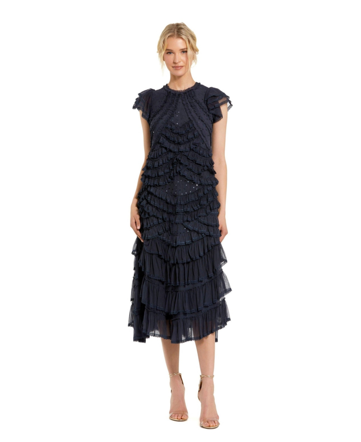 Mac Duggal Women's High Neck Ruffle Mesh Midi Dress
