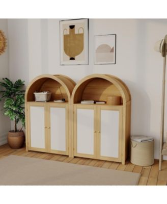 5 Tier Arched Shoe Storage Cabinet with Rattan Doors, Farmhouse Freestanding Shoe Rack Cabinet with Adjustable Shelves for Entryway, Natural Wood