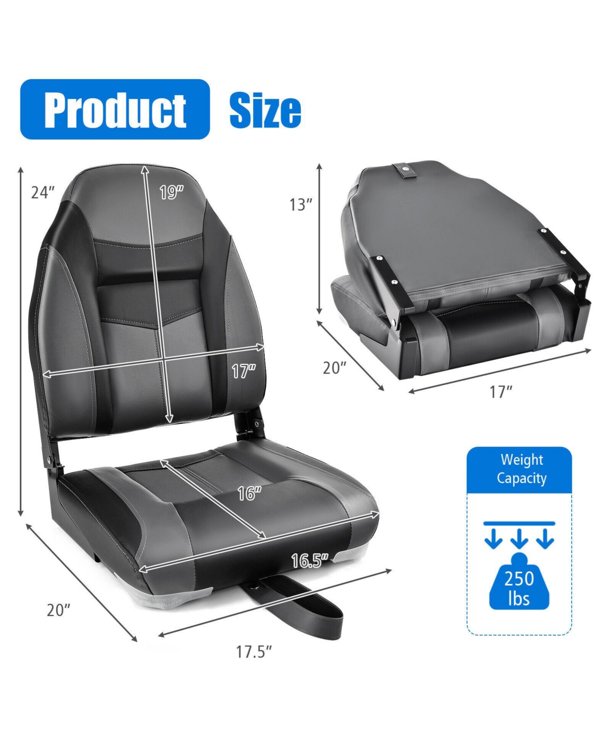 High Back Folding Boat Seat with Cushioned Sponge Padding and Flexible Hinges