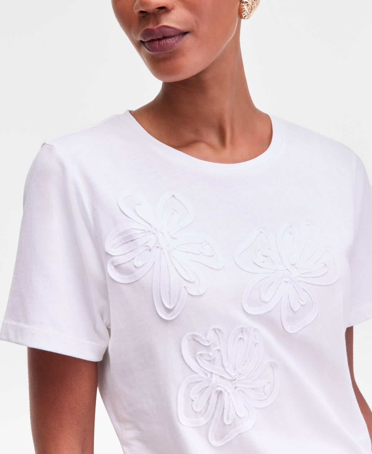 Inc International Concepts Women's Floral Soutache Cotton T-shirt, Macy's Exclusive In White