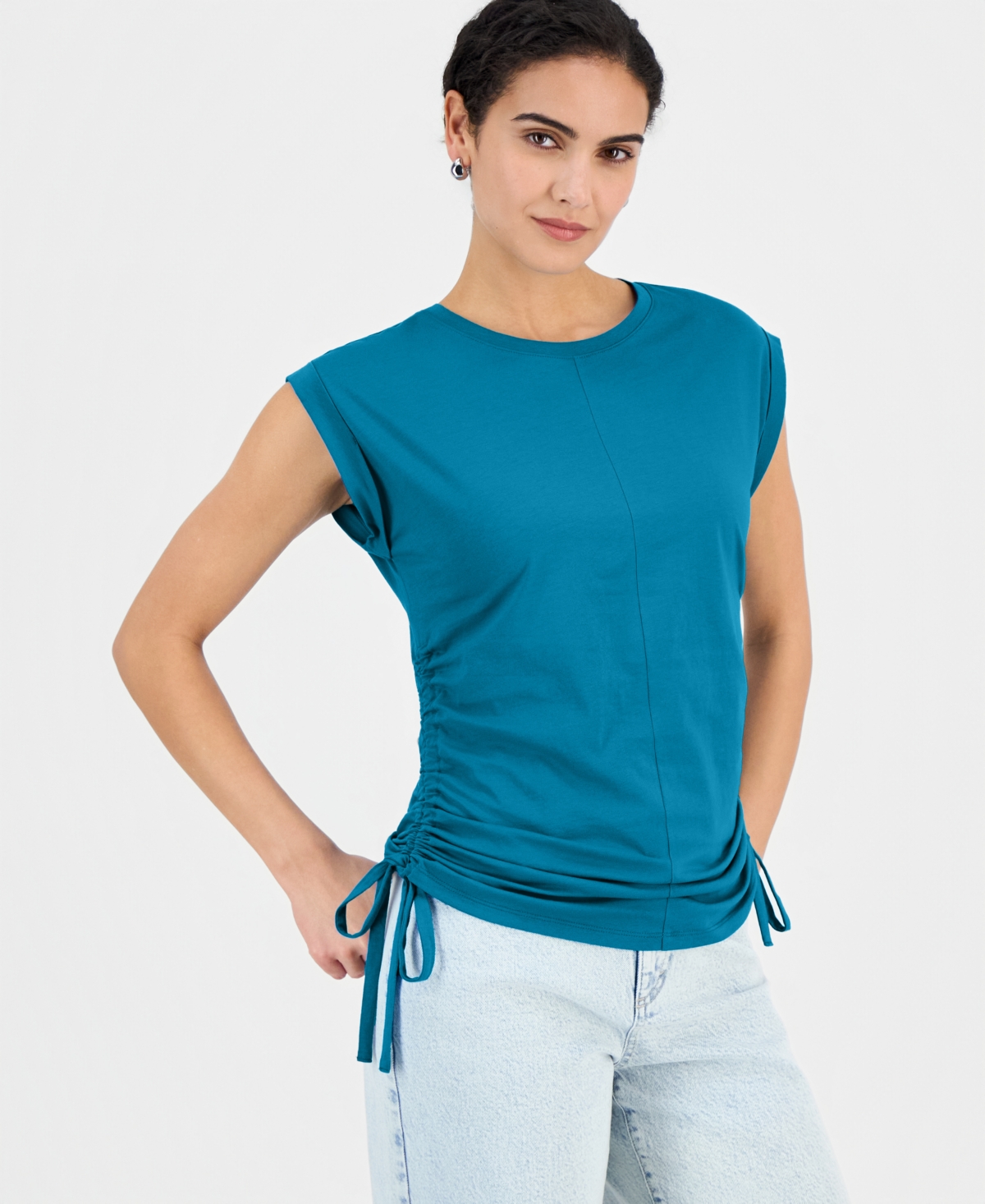 Inc International Concepts Women's Printed Drawstring-side Top, Macy's Exclusive In Blue