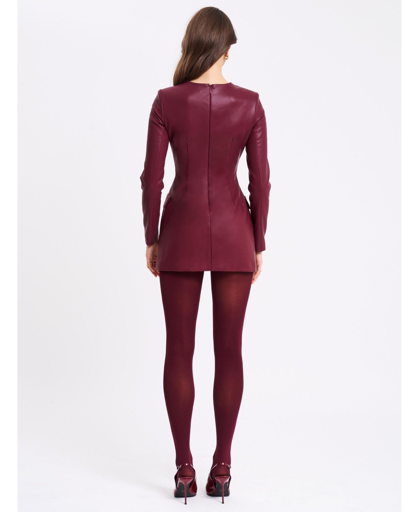 Женское платье Miss Circle Women Baila Burgundy Faux Leather Blazer Mini, цвет: Тёмный бордовый — фото 10