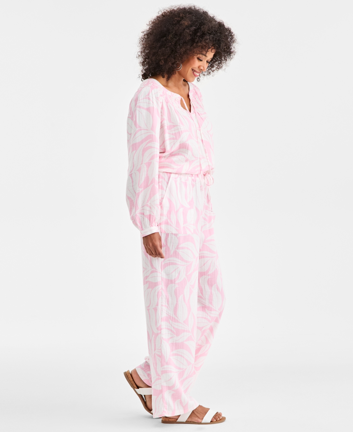 Style & Co Petite Printed Double Gauze Wide-leg Pants, Macy's Exclusive In Pink
