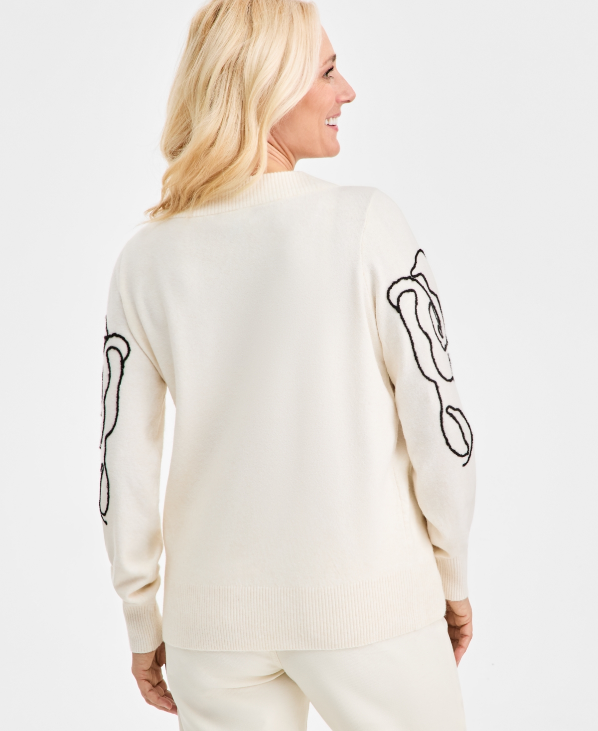 Style & Co Petite Embroidered Soutache Long-sleeve Sweater, Macy's Exclusive In White