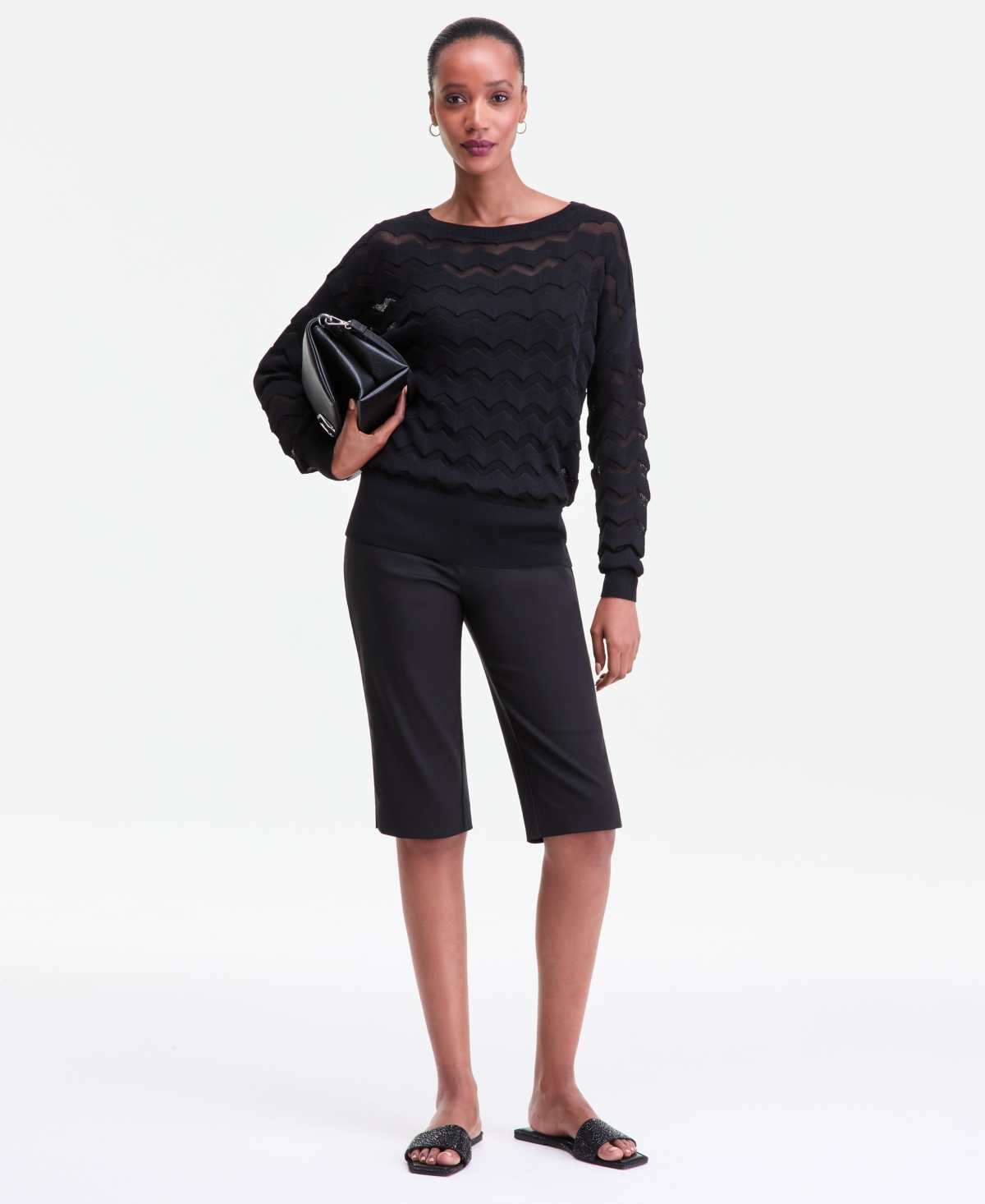 Inc International Concepts Women's Chevron Stitch Boat-neck Sweater, Macy's Exclusive In Black