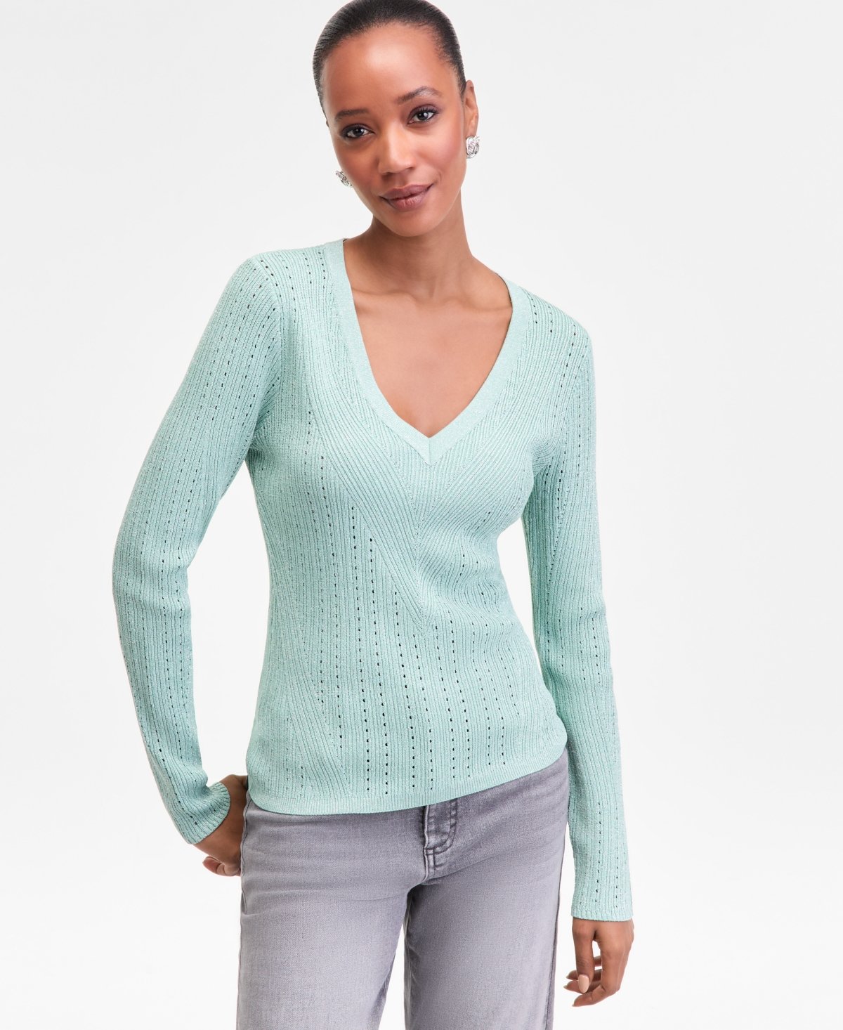 Inc International Concepts Women's Metallic-knit V-neck Sweater, Macy's Exclusive In Blue