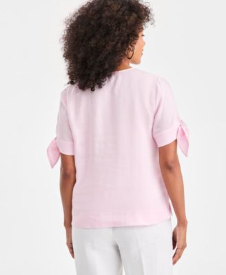 Women's 100% Linen Split-Neck Tie-Cuff Top, Created for Macy's