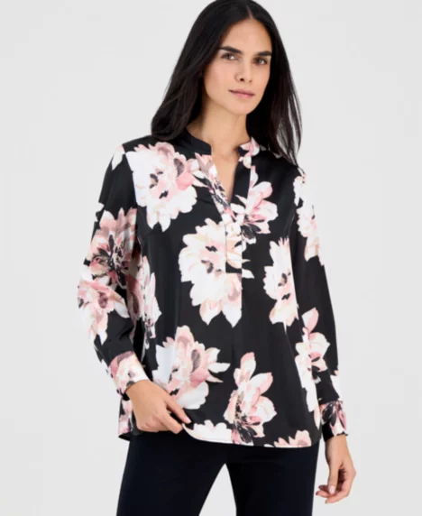 Petite Floral Satin Popover Blouse - Anne Black Multi