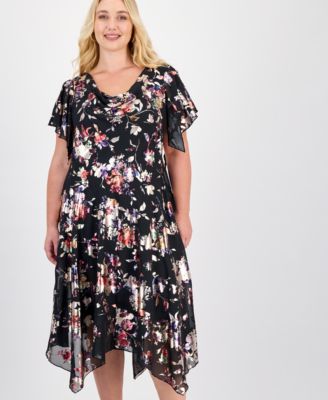 Plus Size Foil-Print Handkerchief-Hem Dress