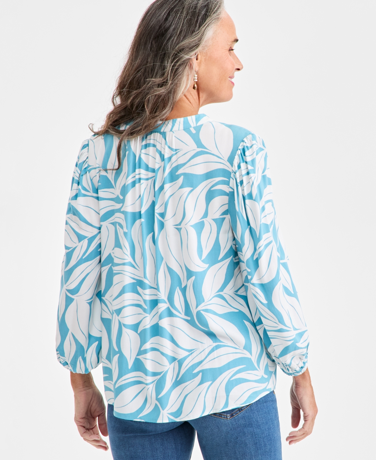Style & Co Women's Leaf-Print Split-Neck Bubble-Sleeve Top, Macy's Exclusive