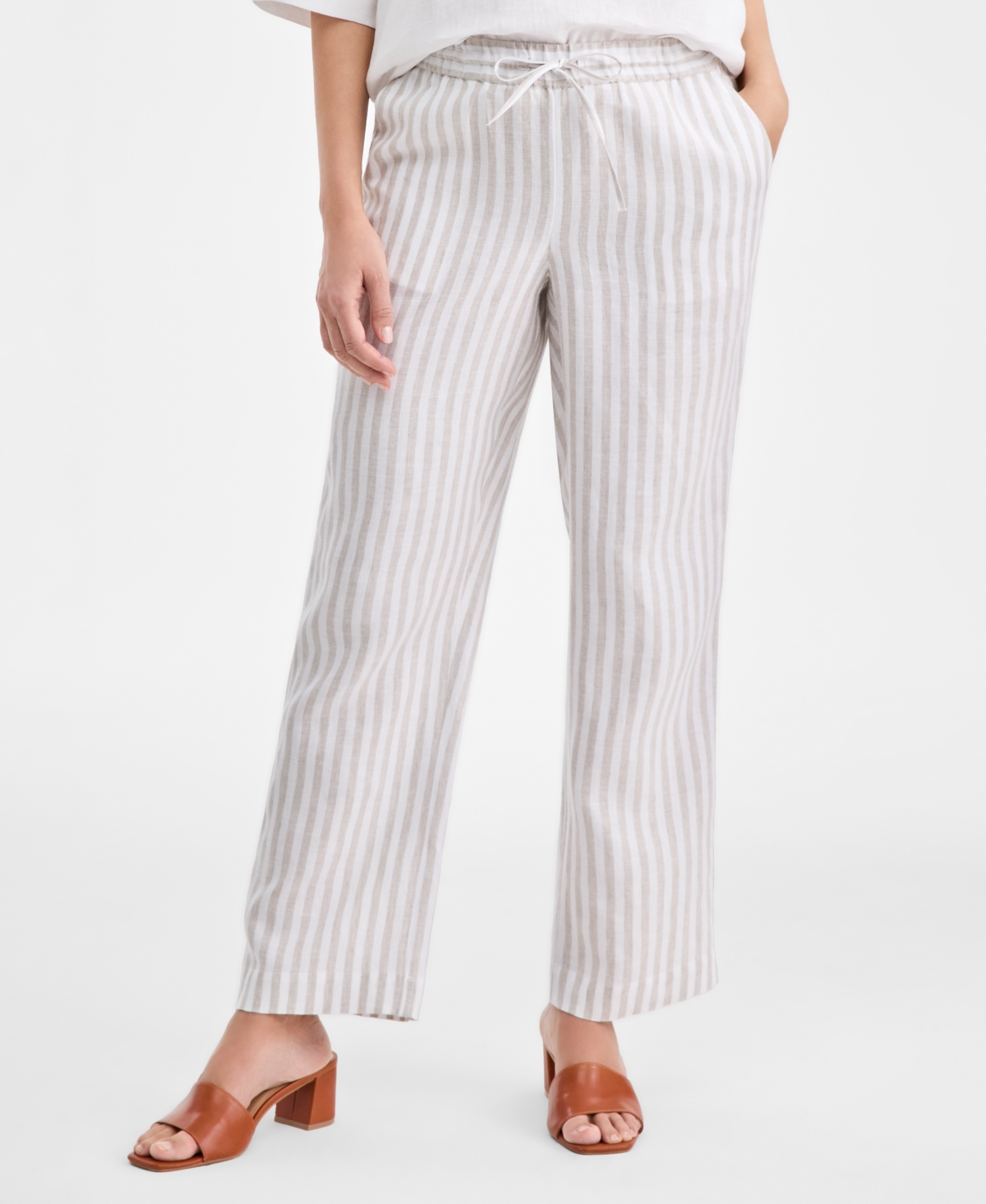 Charter Club Petite Multi-stripe Full Length Linen Pants, Macy's Exclusive In White