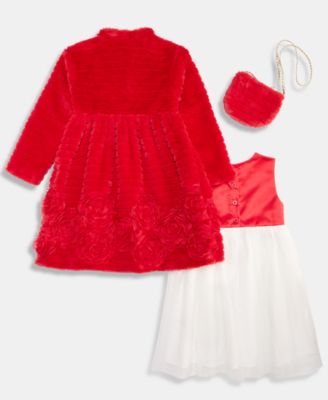 Girls' 2T-6X Rosette-Embellished Coat, Dress and Purse, 3-Piece Set