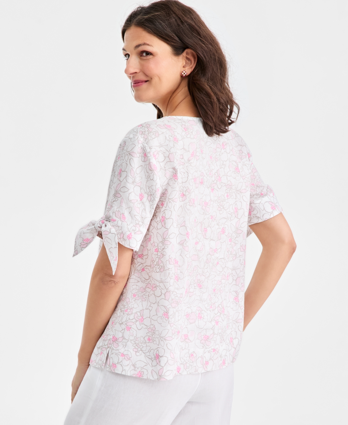 Charter Club Women's 100% Linen Tile Tie-cuff Split-neck Top, Macy's Exclusive In Animal Print