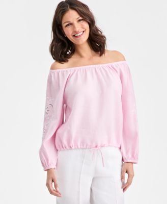 Women's 100% Linen Tile On-Off-Shoulder 3/4-Sleeve Top, Macy's Exclusive