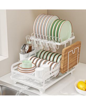 2-Tier Collapsible Multi-Functional Dish Drying Rack with Cutlery Box and Cup Holder
