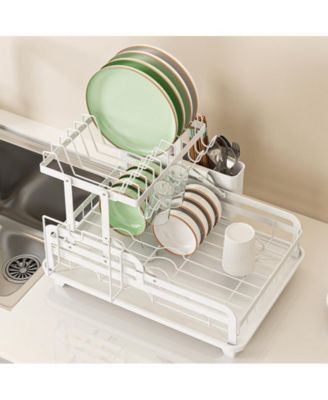 2-Tier Collapsible Multi-Functional Dish Drying Rack with Cutlery Box and Cup Holder