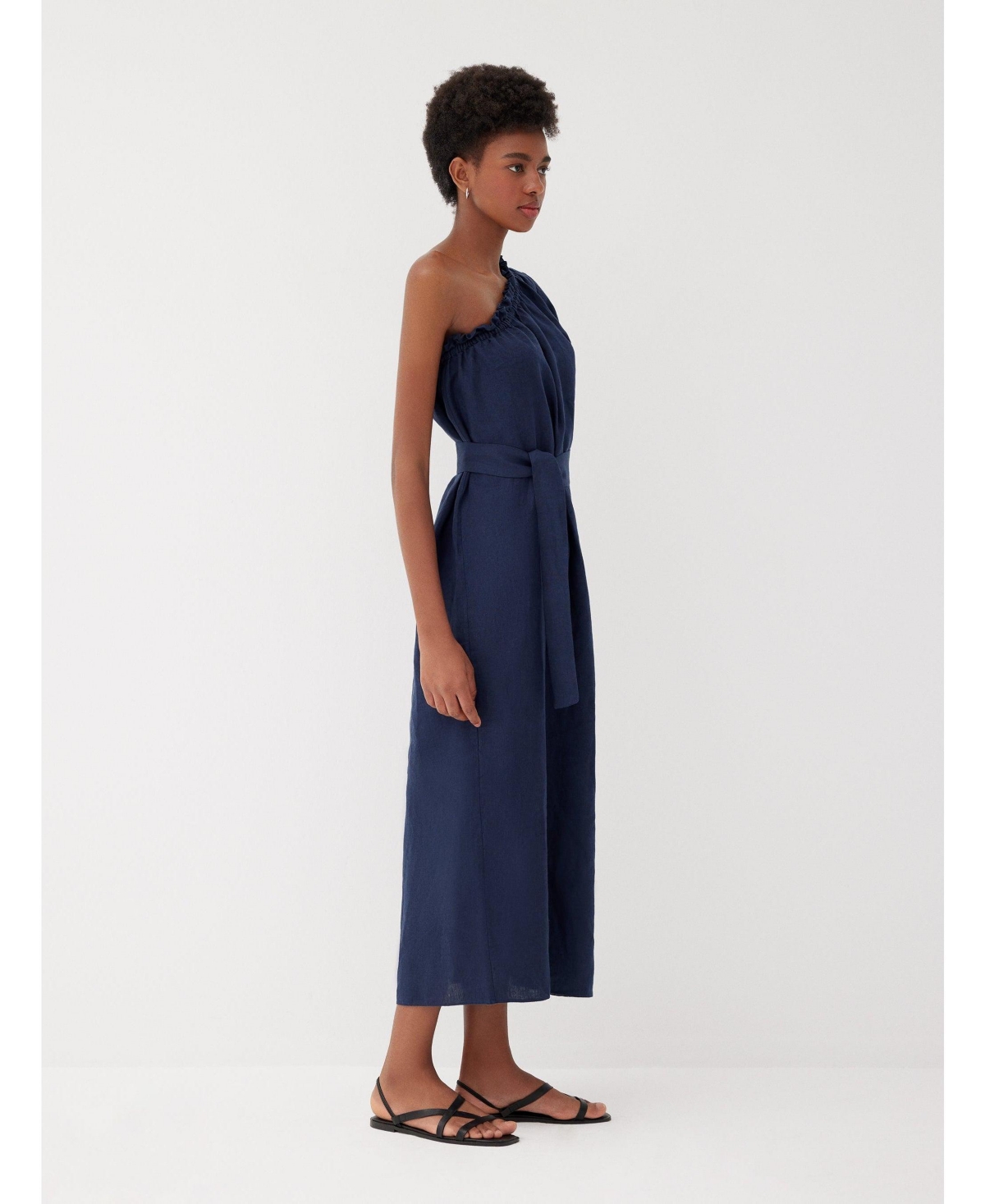Labeca London Us Women's Sardinia Navy Linen One Shoulder Dress - m-l / Navy