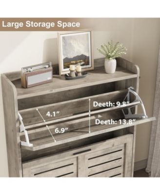 Shoe Storage Cabinet with 2 Flip Drawers, Narrow Shoe Cabinet for Entryway, Freestanding Hidden Slim Shoe Organizer Cabinet with Hooks, Gray