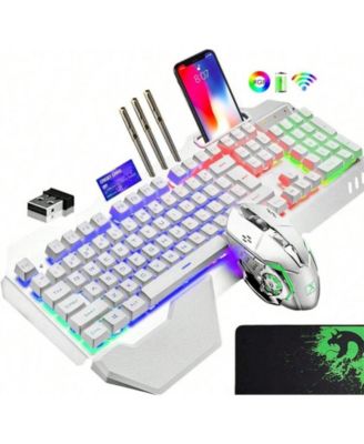 Wireless Gaming Keyboard and Mouse Combo - Backlit Keyboard with Rechargeable 3000mAh Battery,Removable Wrist Rest and 7 Color Mute Mouse - White Blue