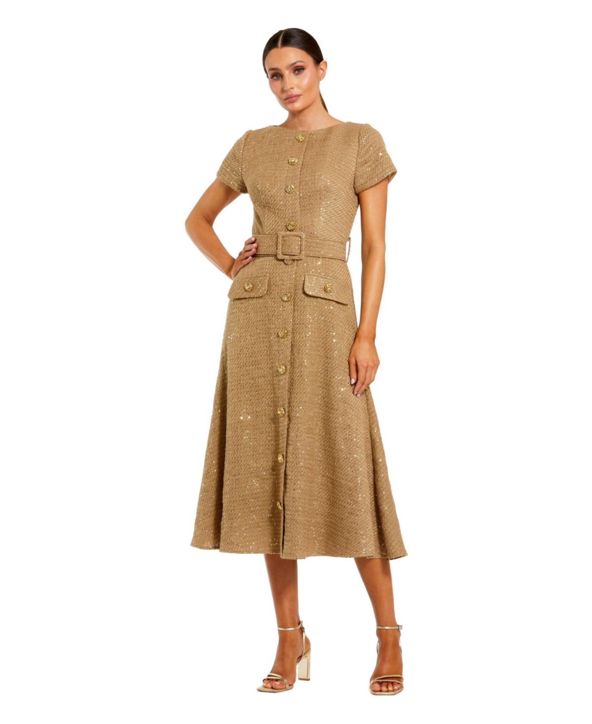 Mac Duggal Women's Boucle Cap Sleeve High Neck Button Up Midi Dress