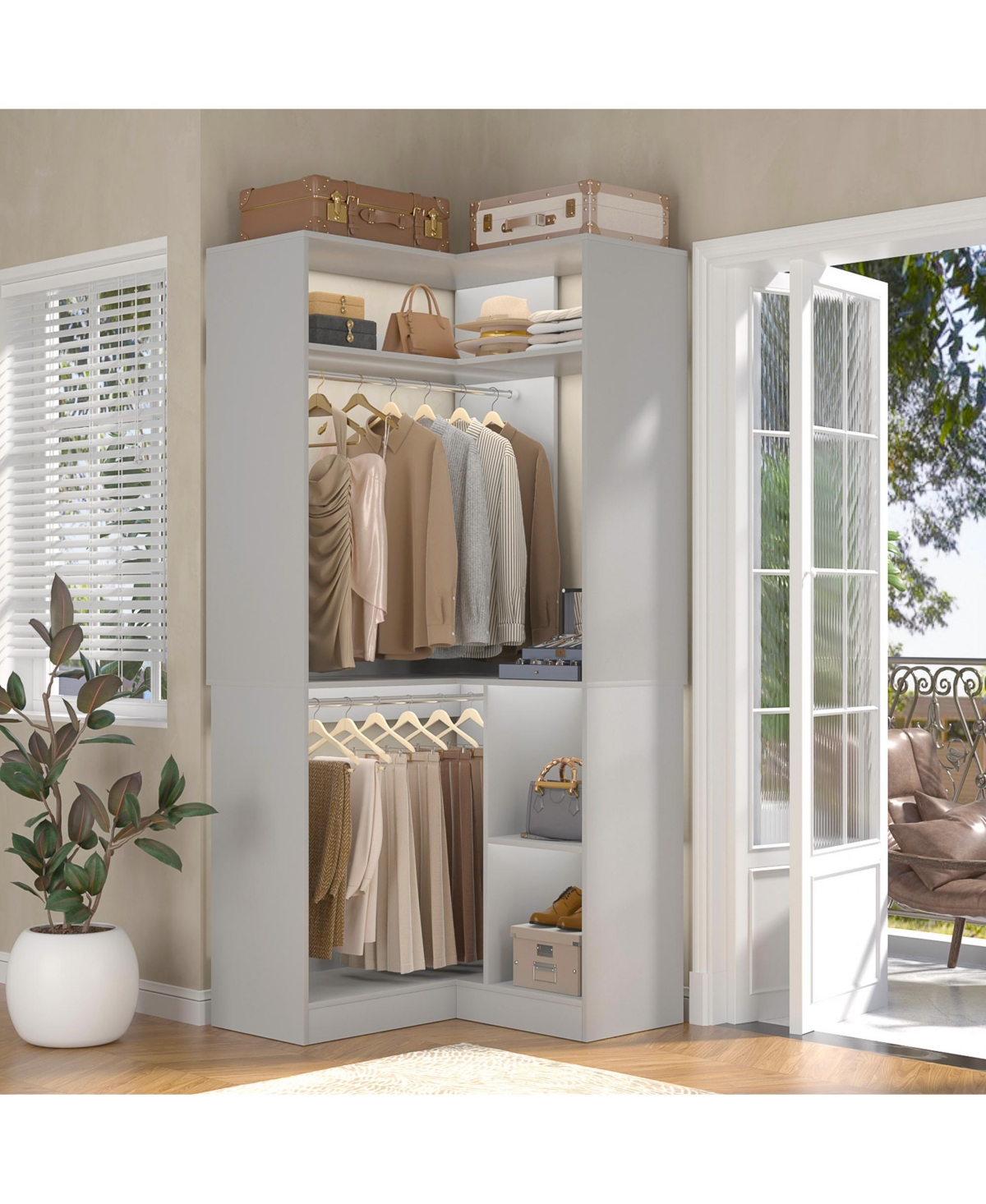 Freestanding Corner Closet Organizer, System with Hanging Rods and Storage Shelves