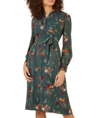 Women's Fox Print Shirt Midi Dress