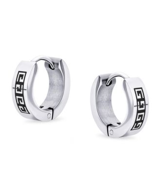 Set of 2 Greek Key Pattern Hoop Huggie Earrings Black Silver Stainless Steel