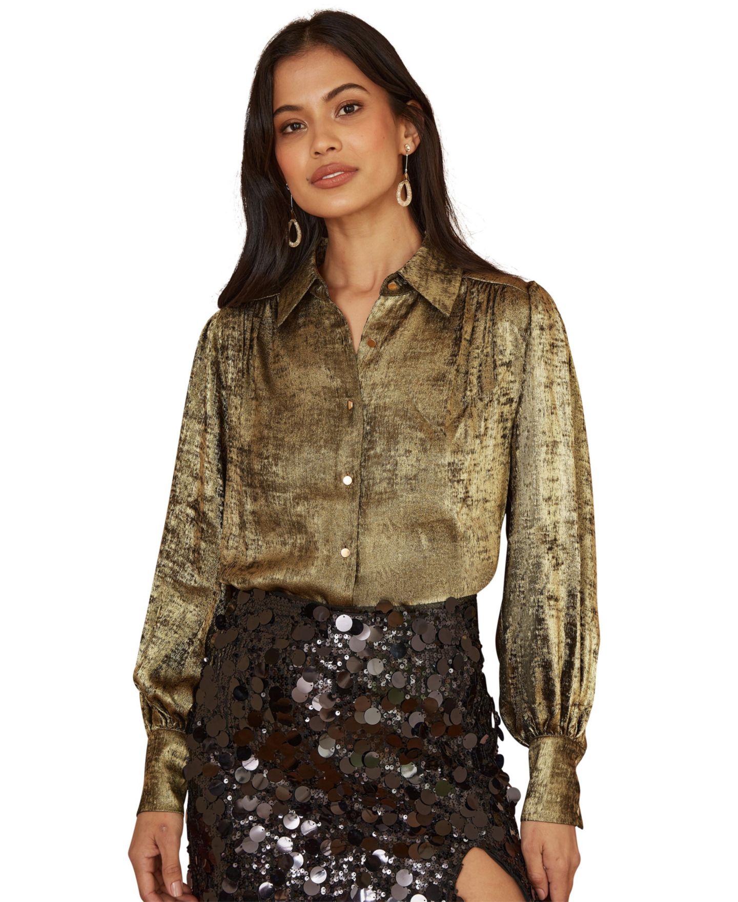 Женская рубашка Yumi Metallic Relaxed Balloon Sleeve, цвет: Золотой — фото 1