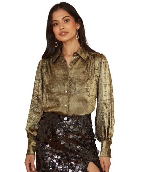 Женская рубашка Yumi Metallic Relaxed Balloon Sleeve, цвет: Золотой