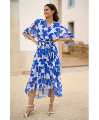 Women's Kimono Sleeves Midi Dip Hem Wrap Dress