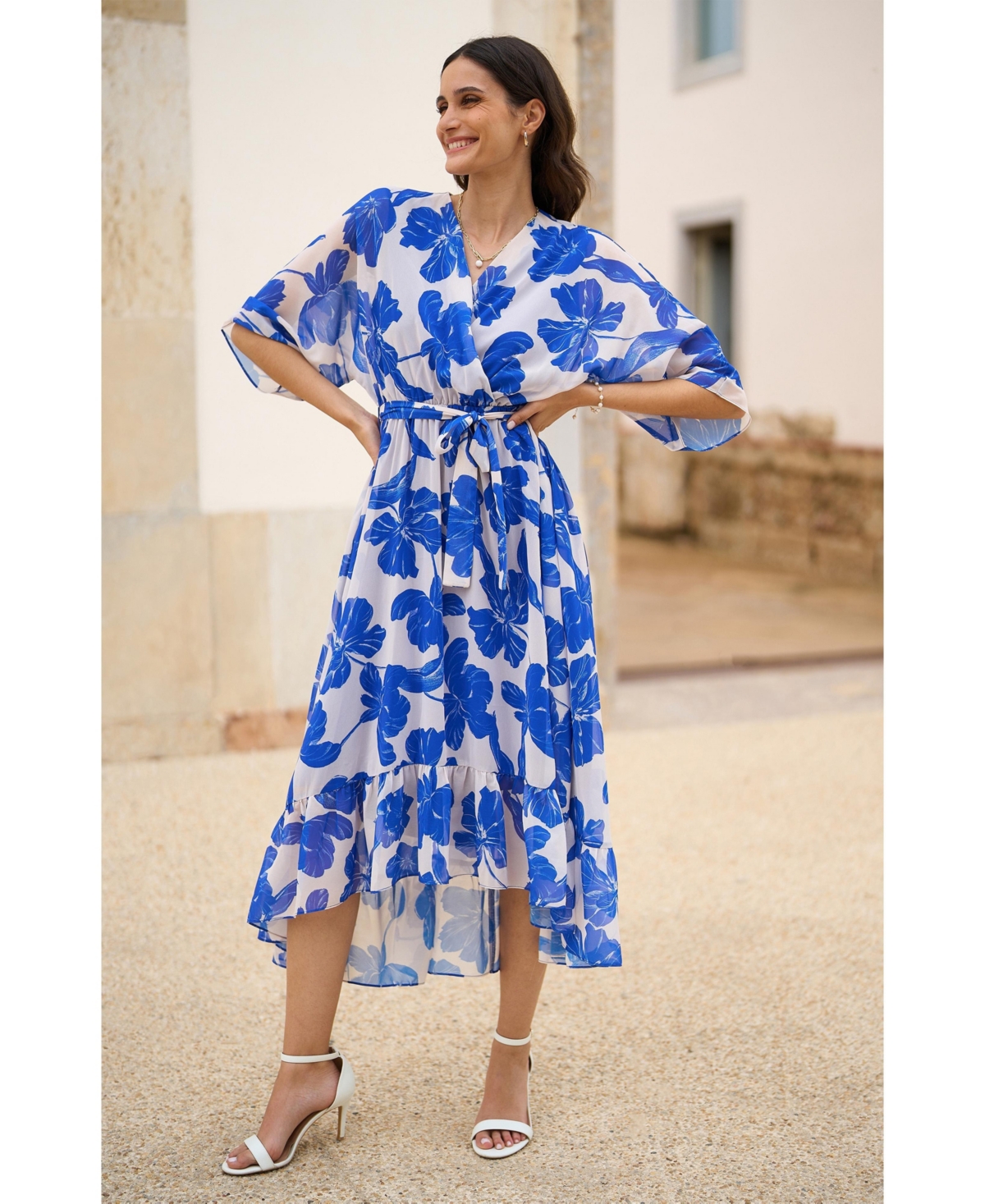 Yumi Women's Kimono Sleeves Midi Dip Hem Wrap Dress