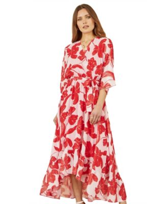 Women's Kimono Sleeves Midi Dip Hem Wrap Dress