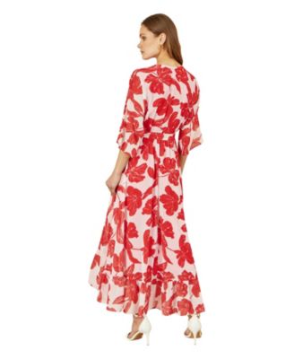 Women's Kimono Sleeves Midi Dip Hem Wrap Dress