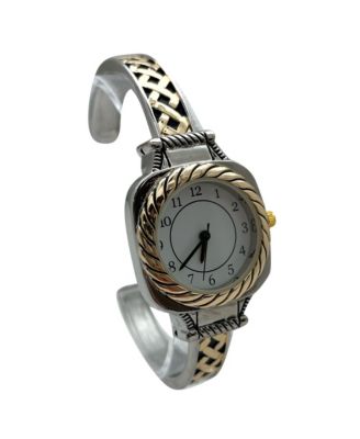 Detailed Elegant Metal Cuff Women Watch, Two Tone