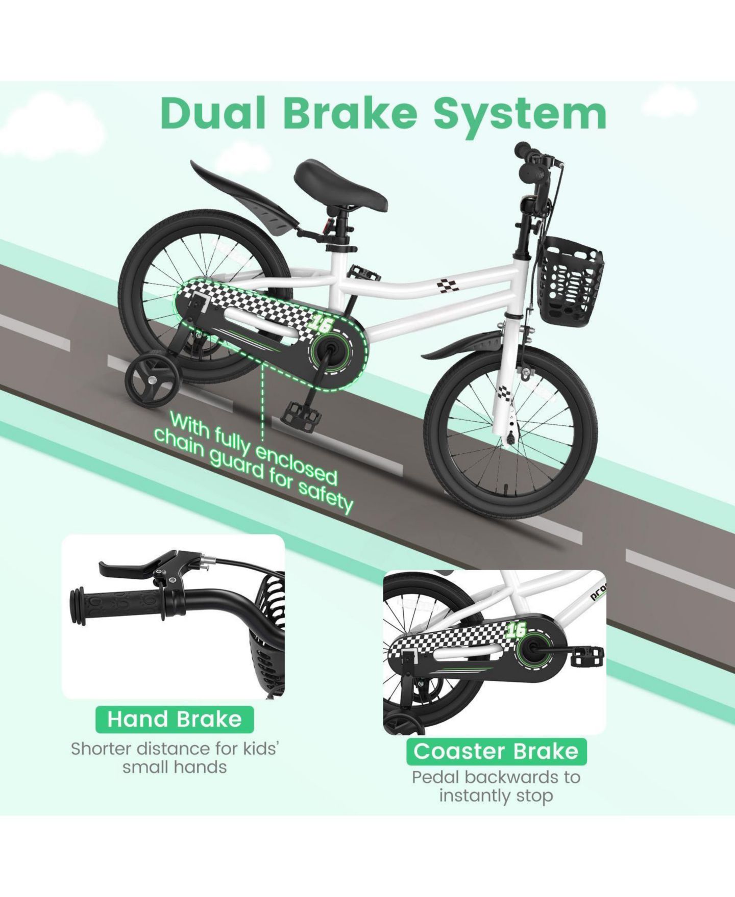 Детская игрушка HONGGE 16 Inch Carbon Steel Removable-Training-Wheel Coaster-Brake Bike with Adjustable Seat, Ages 4-6, цвет: Белый чёрный — фото 7