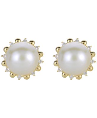 Cultured Freshwater Pearl (9.5-10mm) and Lab Created White Sapphire Earrings (0.16 ct. t.w.) in Sterling Silver with 14K Gold Plating