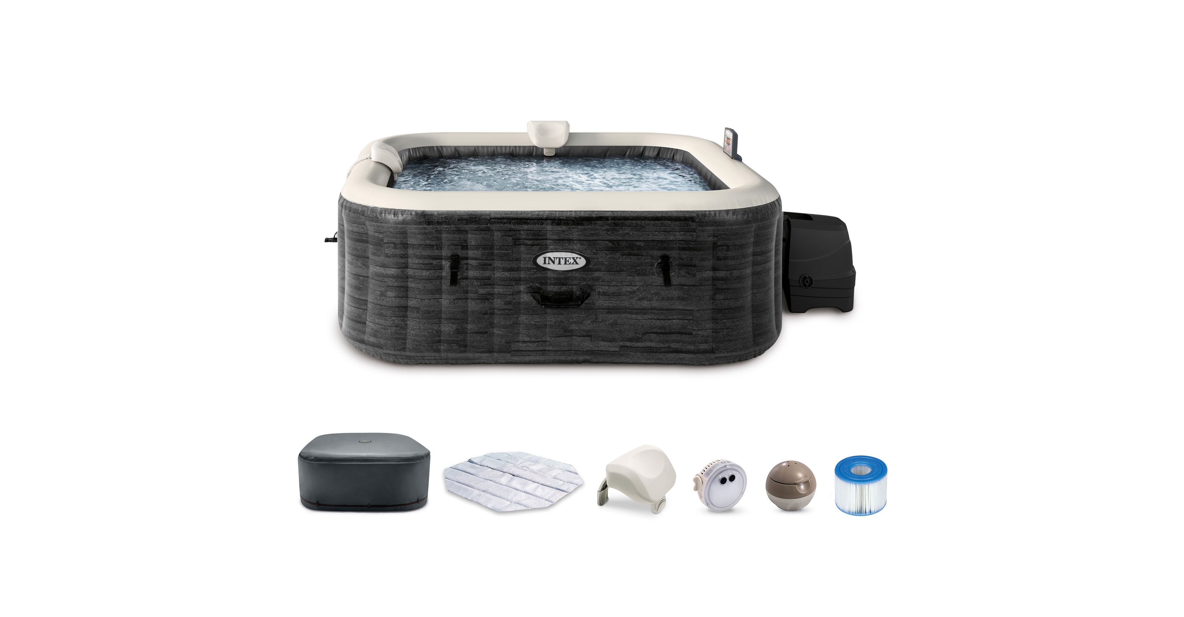 Intex PureSpa Greystone Deluxe Spa Set, 170 Bubble Jet Hot Tub with Cover, 77"x28"