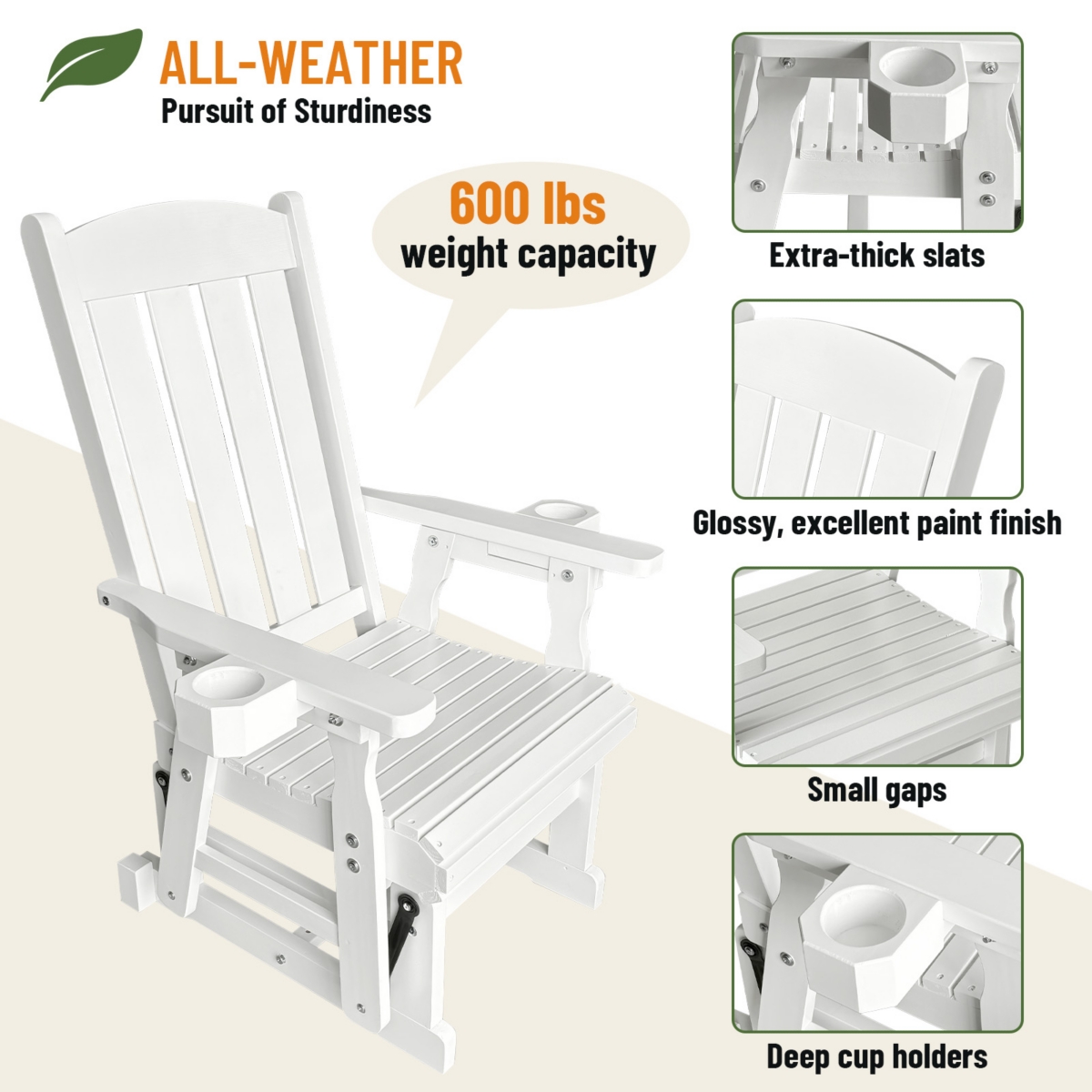 Wooden Patio Glider for One Person, with High Back and Deep Contoured Seat, Solid Fir Wood, Heavy Duty 600 Lbs (Deep Brown, 1-Seater)