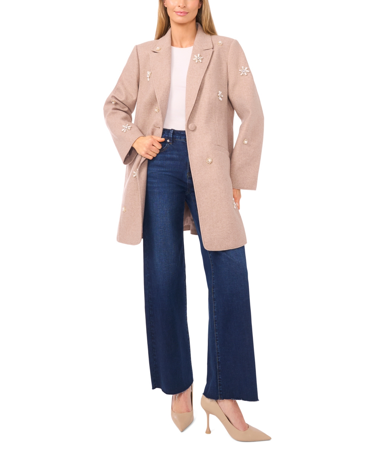 CeCe Women's Peak Lapel Single Breasted Long Sleeve Coat
