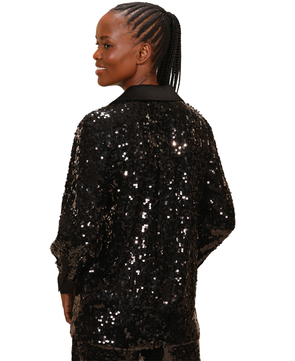 Isaac Mizrahi Women's Sequin Button Down Long Sleeves Top In Animal Print