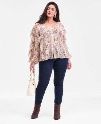Plus Size Printed Long-Sleeve Ruffled Blouse, Macy's Exclusive 