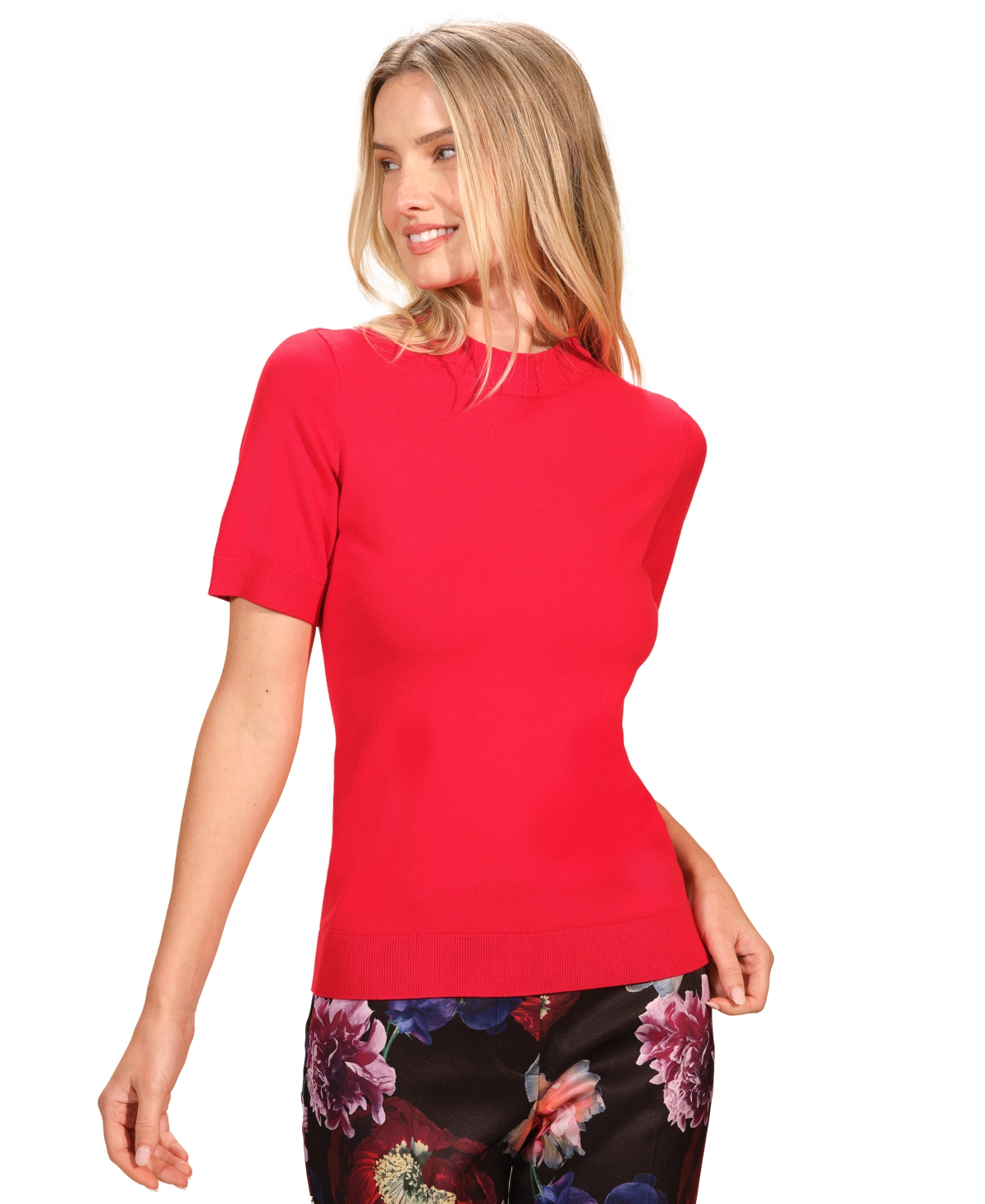 Isaac Mizrahi Women's Mock Neck Short Sleeve Sweater In Red