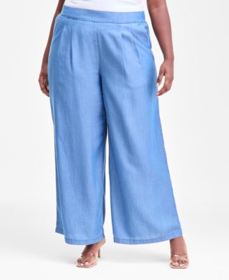 Plus Size Pull-On Wide-Leg Chambray Pants, Macy's Exclusive