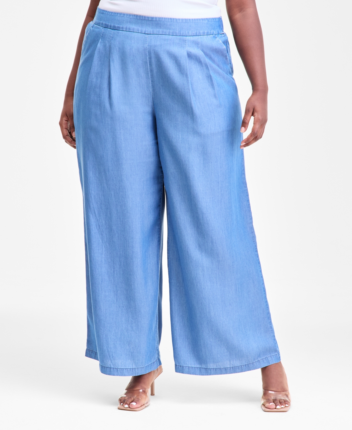 Inc International Concepts Plus Size Pull-on Wide-leg Chambray Pants, Macy's Exclusive In Blue