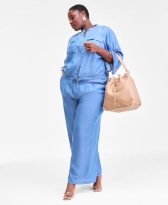 Plus Size Chambray Top, Wide-Leg Pants & Earrings, Macy's Exclusive 