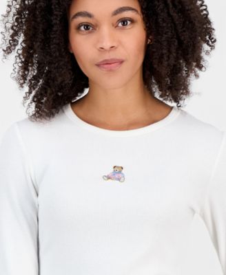Juniors' Ribbed Long-Sleeve Embroidered Top