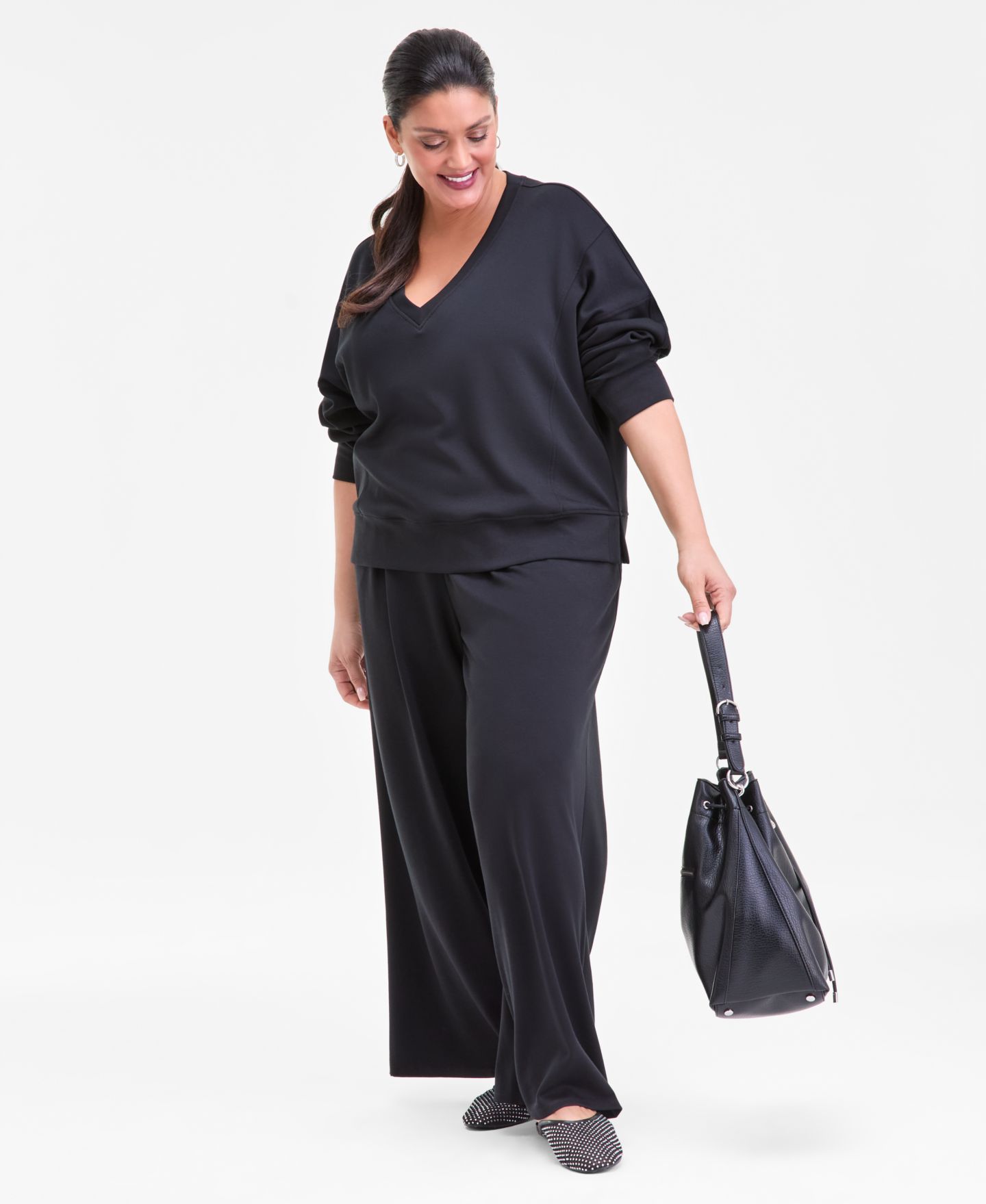 Женские комплекты I.N.C. International Concepts Plus Size V-Neck Top & Wide-Leg Pants, цвет: Глубокий чёрный — фото 2